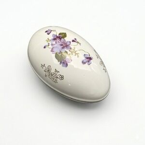 Vtg Lefton China Egg Trinket Box Hand Painted Purple Violets Gold Trim NE 2209